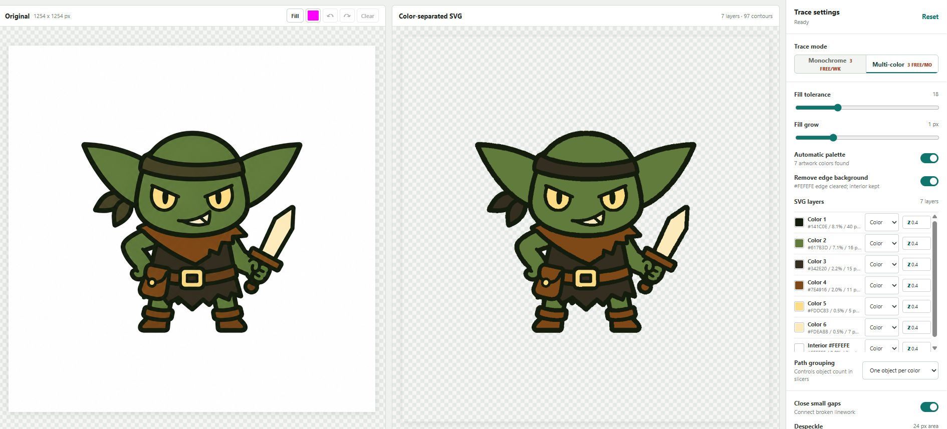 SVG Line Tracer separating a detailed seven-color fantasy character illustration into 97 contours