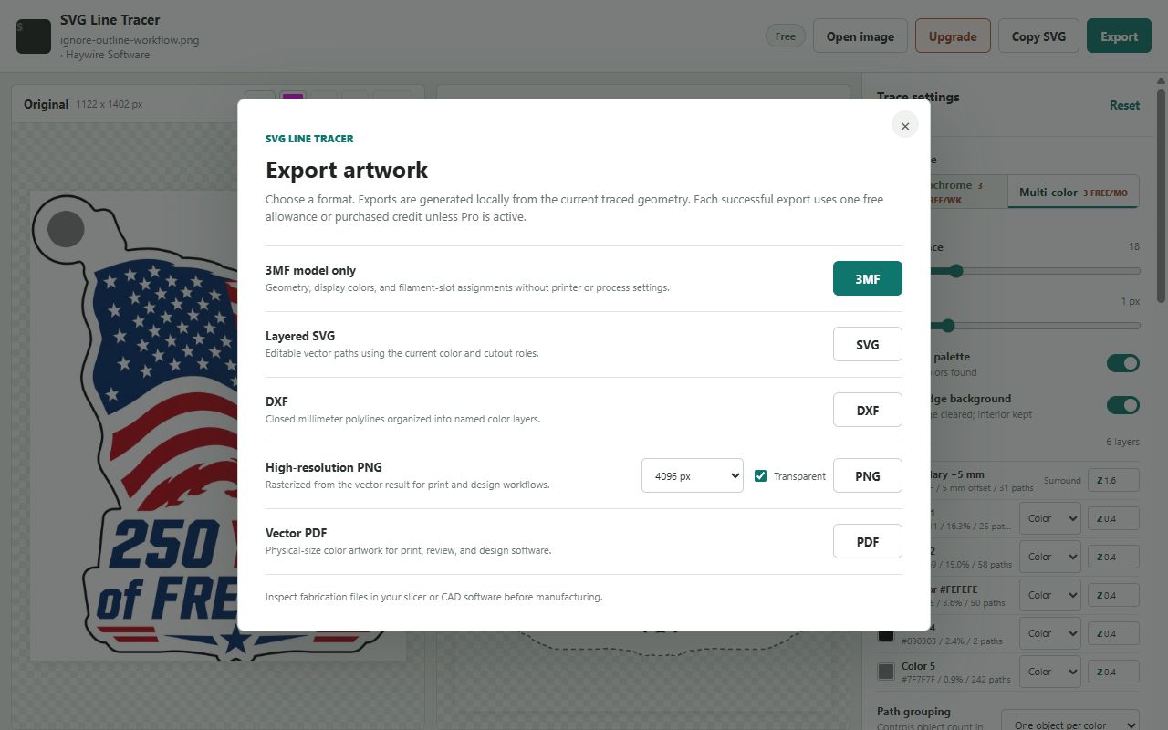SVG Line Tracer export chooser offering 3MF, layered SVG, DXF, high-resolution PNG, and vector PDF