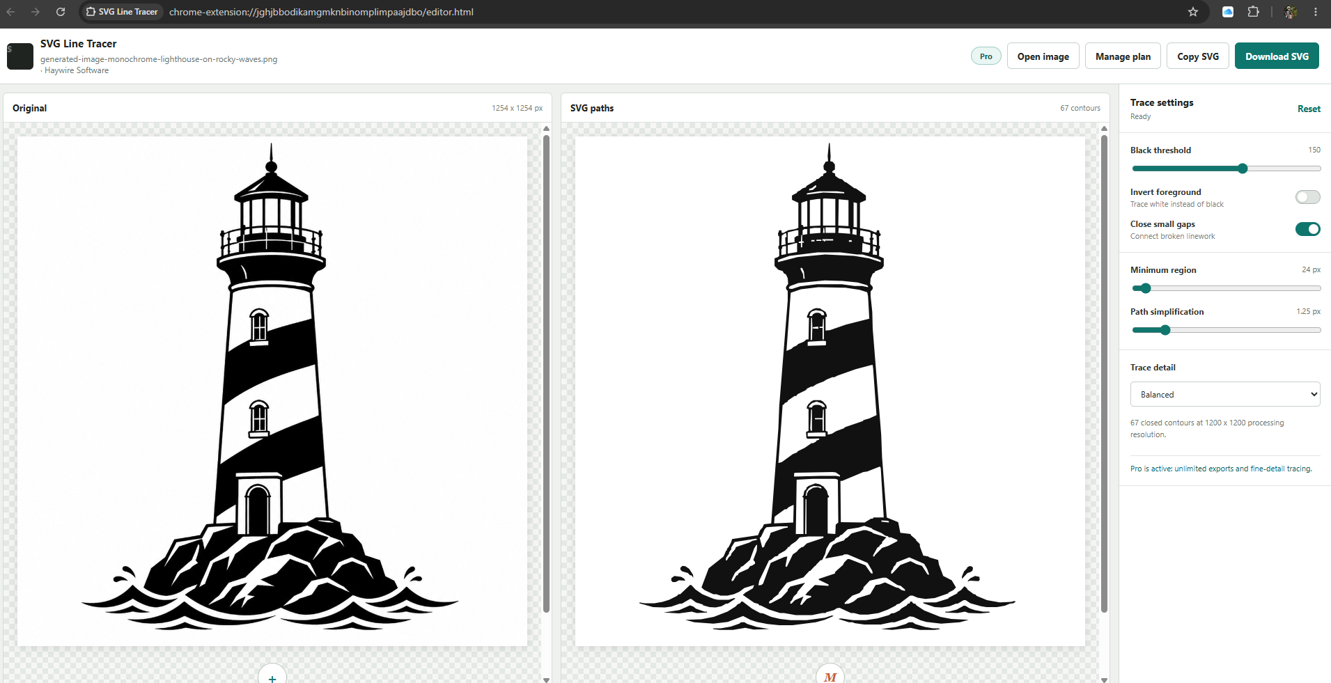 SVG Line Tracer comparing lighthouse artwork with its traced SVG paths and trace settings